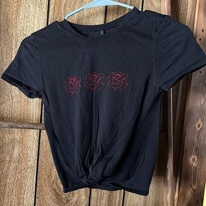 Empyre Black Tie Front Crop Top with Red Roses Size S